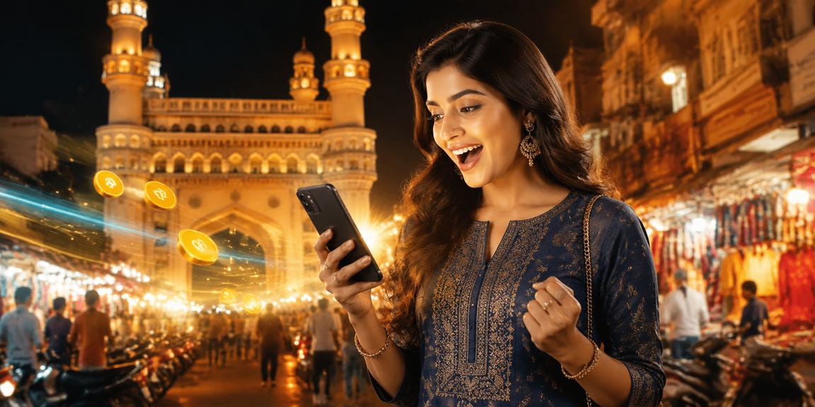 Mobile payment transaction in Hyderabad with Charminar backdrop